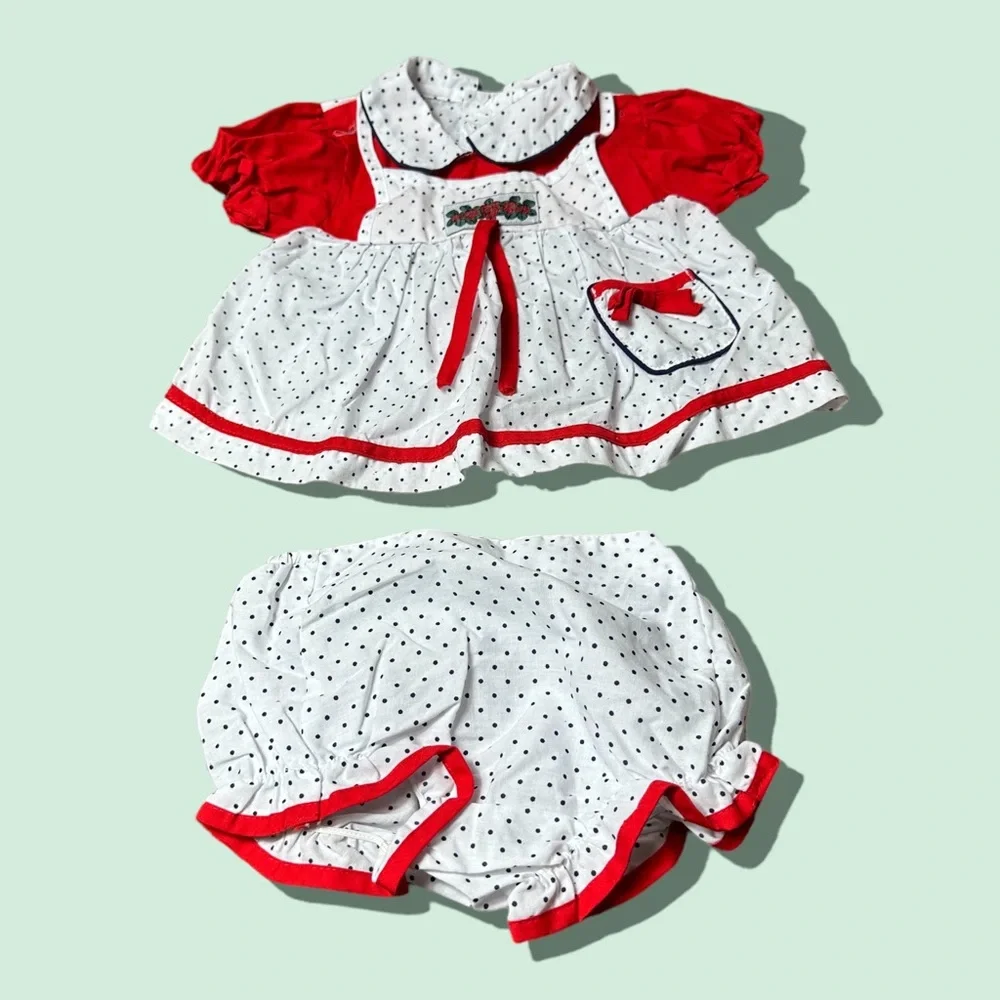 Vintage Baby Cotton Candy Red White Blue Two Piece Set Polka Dot Rose Detail